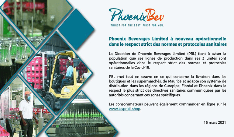 Phoenix Beverages Limited à nouveau opérationnelle dans le respect strict des normes et protocoles sanitaires.